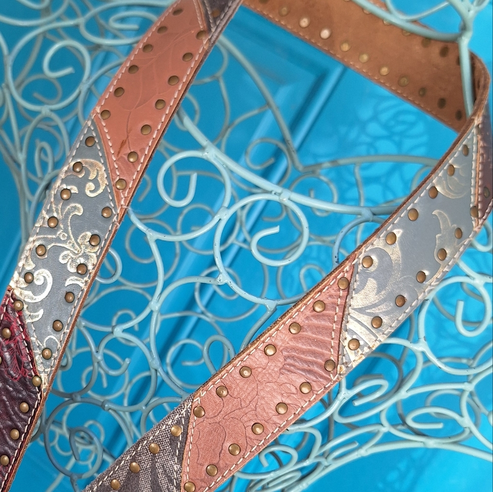 Genuine Leather Belt Metal Studded Embossed Patchwork Bohemian Tooled Womens - Picture 5 of 16